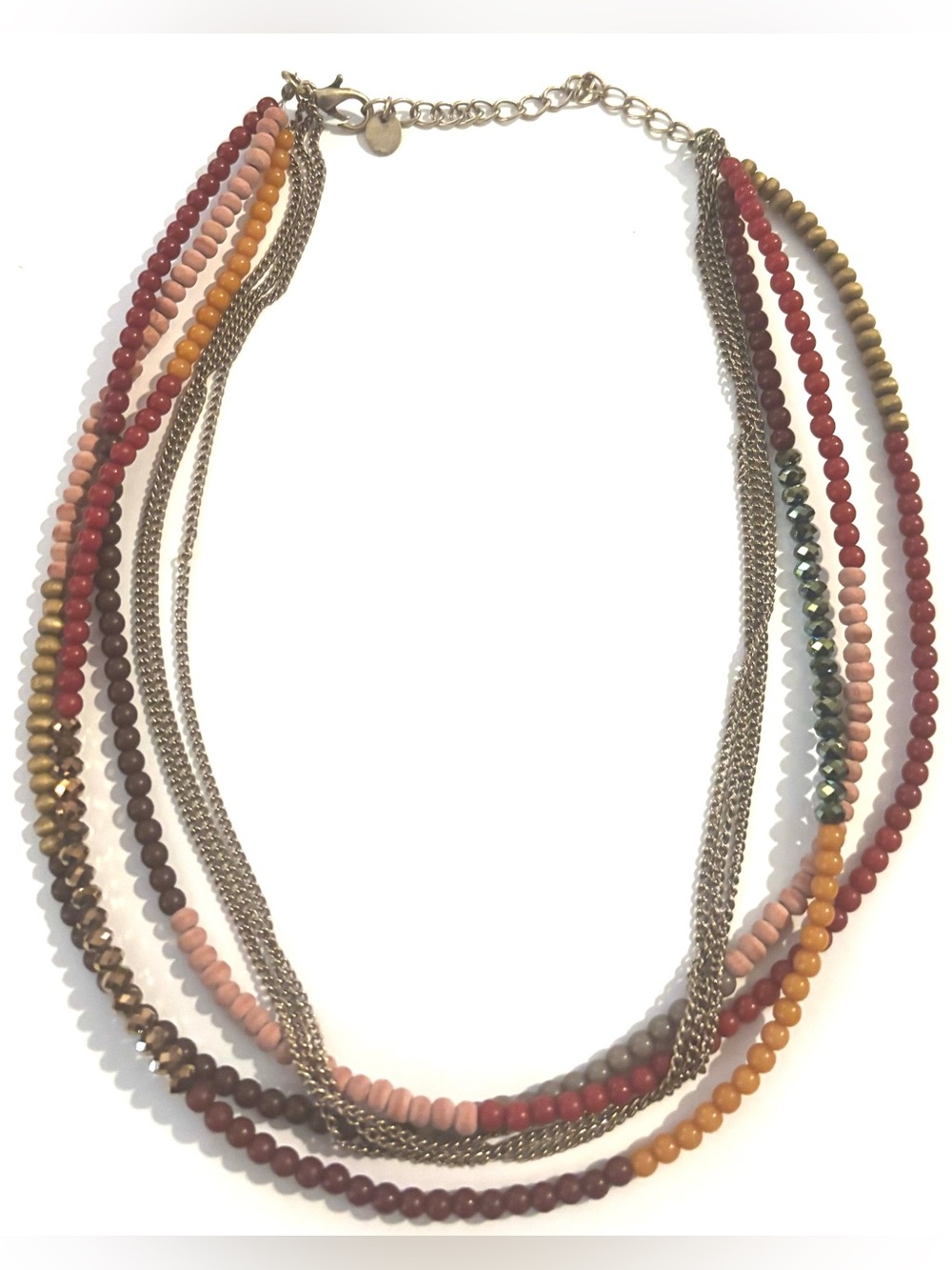 Fashion Jewelry Multi-Strand Necklace in Red, Orange, Gold & Pink